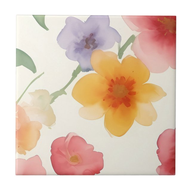 Watercolor Flowers Large Print Floral on White Tile (Front)