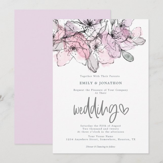 Watercolor Flowers Lilac Pink Script Wedding Invitation (Front/Back)