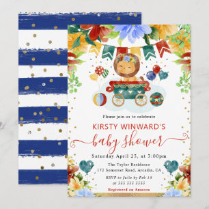 Watercolor Flowers Lion Baby Shower Invitation