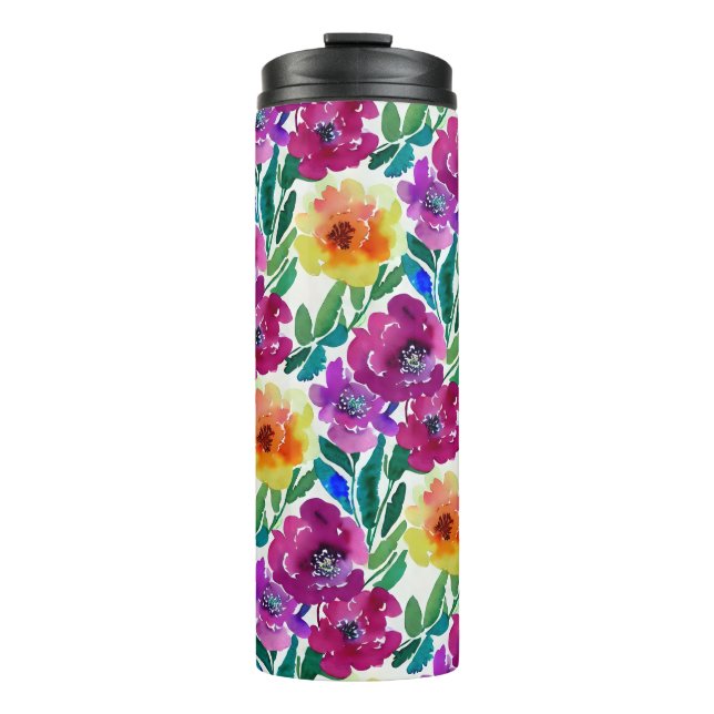 Watercolor Flowers Maroon and Yellow Thermal Tumbler (Front)