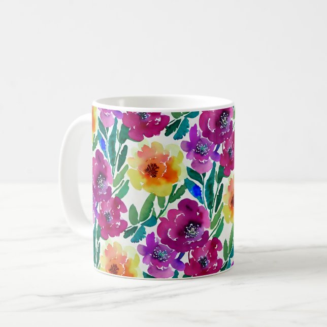Watercolor Flowers Maroon Yellow Coffee Mug (Front Left)
