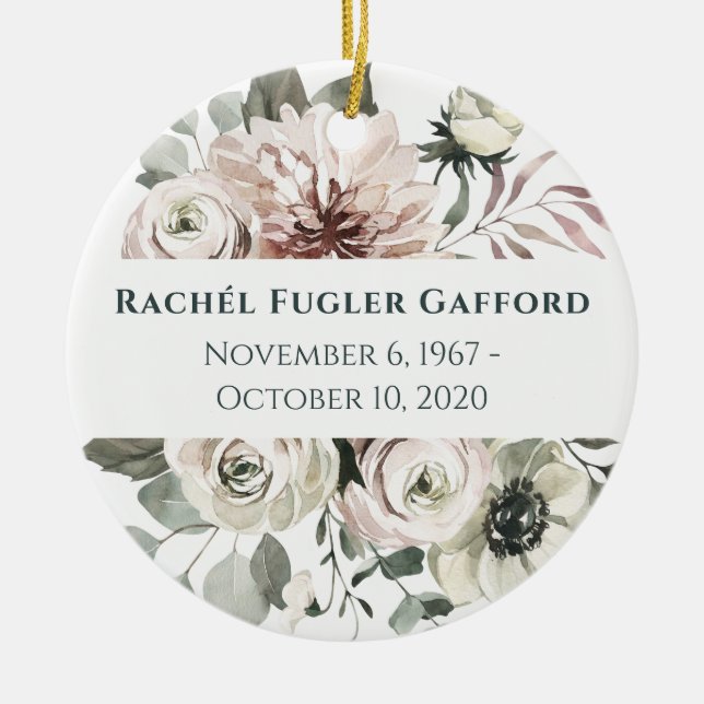 Watercolor Flowers Memorial Ceramic Photo Ornament (Front)
