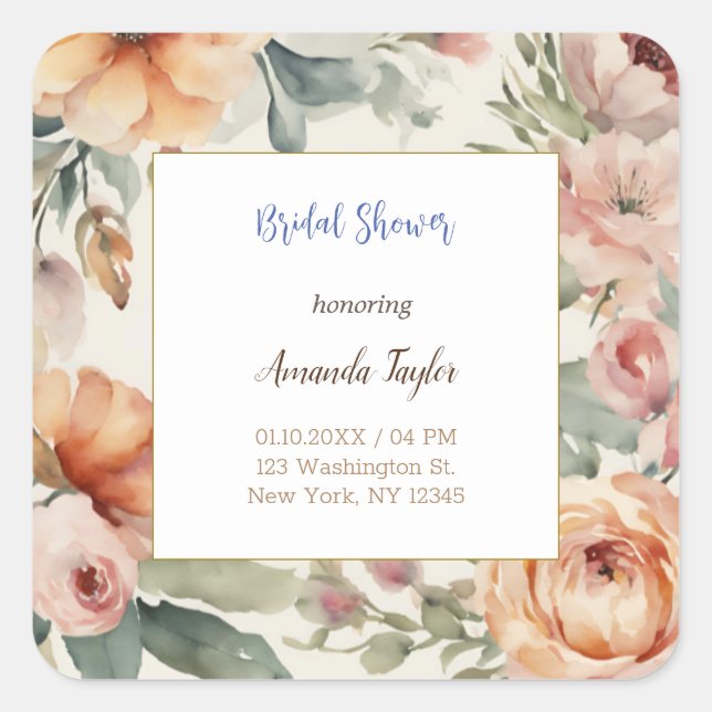 Watercolor Flowers Minimal Bridal Shower Card Square Sticker (Front)