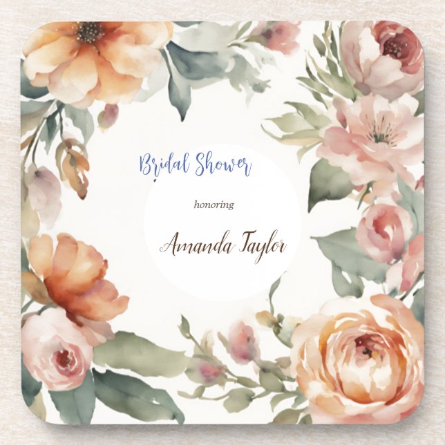 Watercolor Flowers Minimal Bridal Shower Coaster (Front)