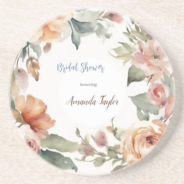 Watercolor Flowers Minimal Bridal Shower Coaster (Front)