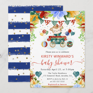 Watercolor Flowers Monkey Baby Shower Invitation