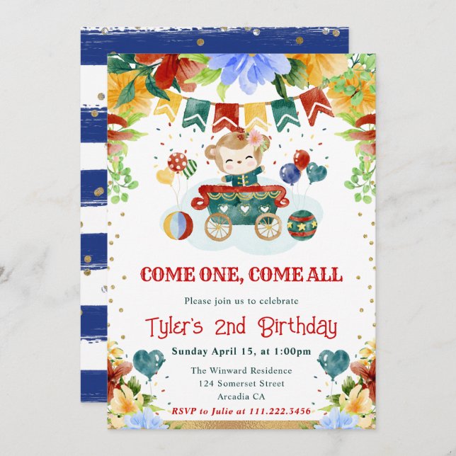 Watercolor Flowers Monkey Kids Birthday Invitation (Front/Back)