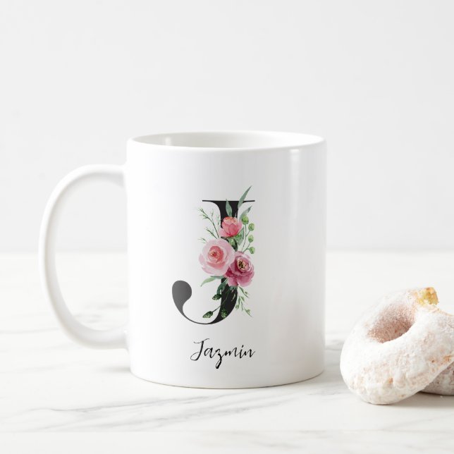 Watercolor Flowers Monogram J Custom Name Coffee Mug (With Donut)