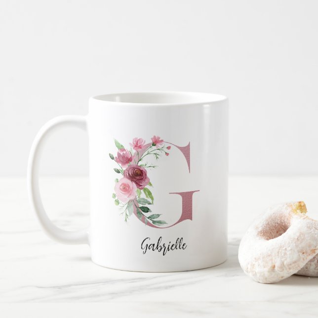 Watercolor Flowers Monogram Pink G Custom Name Coffee Mug (With Donut)