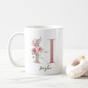 Watercolor Flowers Monogram Pink H Custom Name Coffee Mug