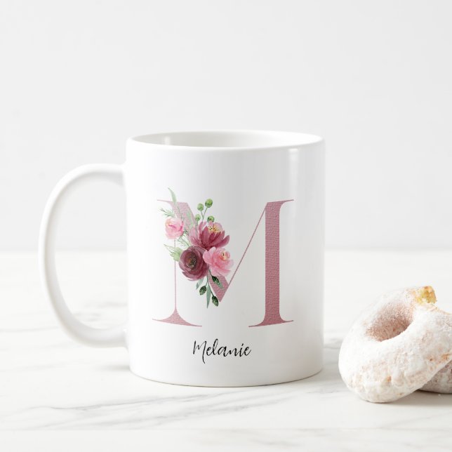 Watercolor Flowers Monogram Pink M Custom Name Coffee Mug (With Donut)