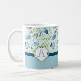 Watercolor Flowers Monogramed Blue Green  Coffee Mug