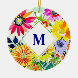 Watercolor Flowers Monogrammed  Ceramic Tree Decoration