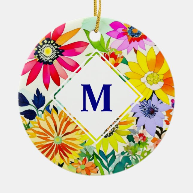 Watercolor Flowers Monogrammed  Ceramic Tree Decoration (Front)