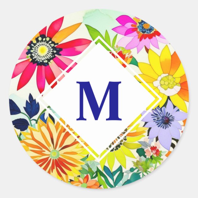 Watercolor Flowers Monogrammed  Classic Round Sticker (Front)