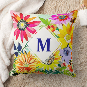Watercolor Flowers Monogrammed Cushion