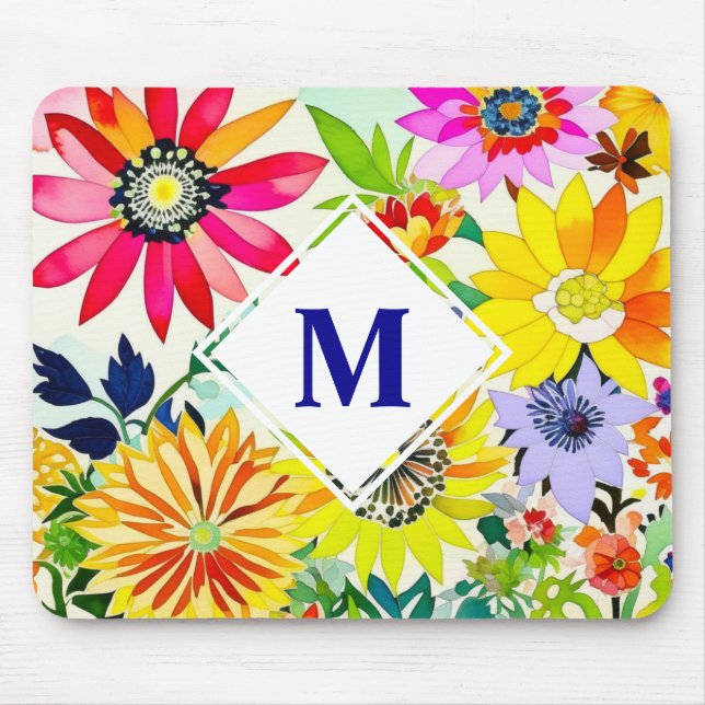 Watercolor Flowers Monogrammed  Mouse Mat (Front)