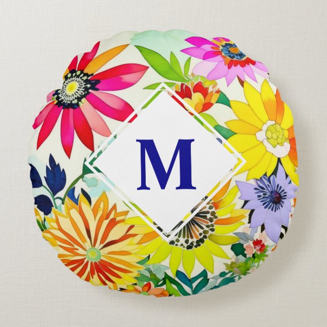Watercolor Flowers Monogrammed  Round Cushion (Front)