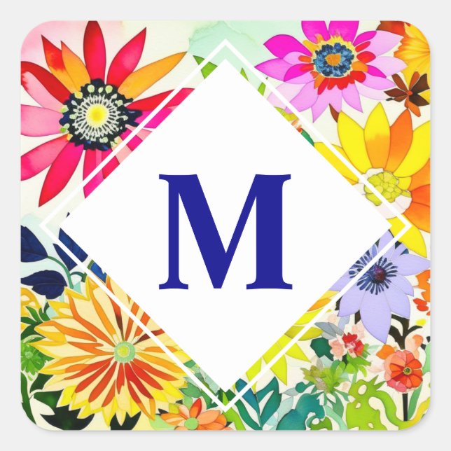 Watercolor Flowers Monogrammed  Square Sticker (Front)
