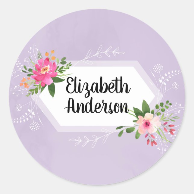 Watercolor flowers name trendy boho classic round sticker (Front)