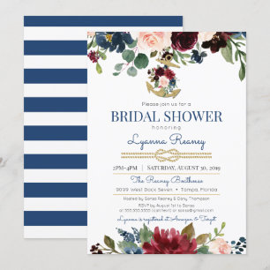 Watercolor Flowers Navy Nautical Bridal Shower Invitation