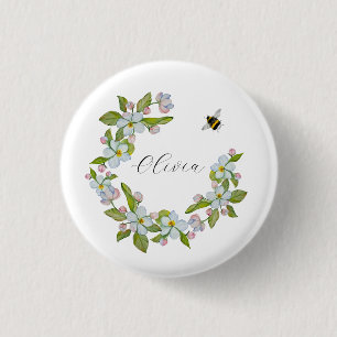 Watercolor flowers of garden trees and bumblebee 3 cm round badge