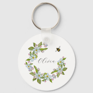 Watercolor flowers of garden trees and bumblebee key ring