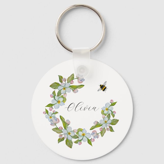 Watercolor flowers of garden trees and bumblebee key ring (Front)