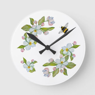 Watercolor flowers of garden trees and bumblebee round clock