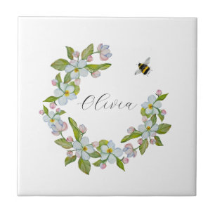 Watercolor flowers of garden trees and bumblebee tile