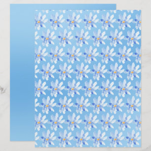 Watercolor Flowers on Blue Scrapbook Paper Sheet