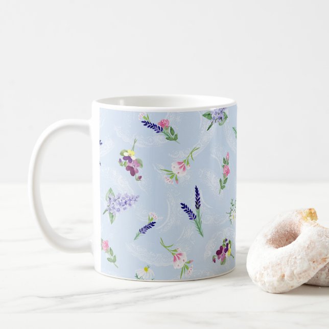 Watercolor Flowers on Pale Blue Lacy Texture Coffee Mug (With Donut)