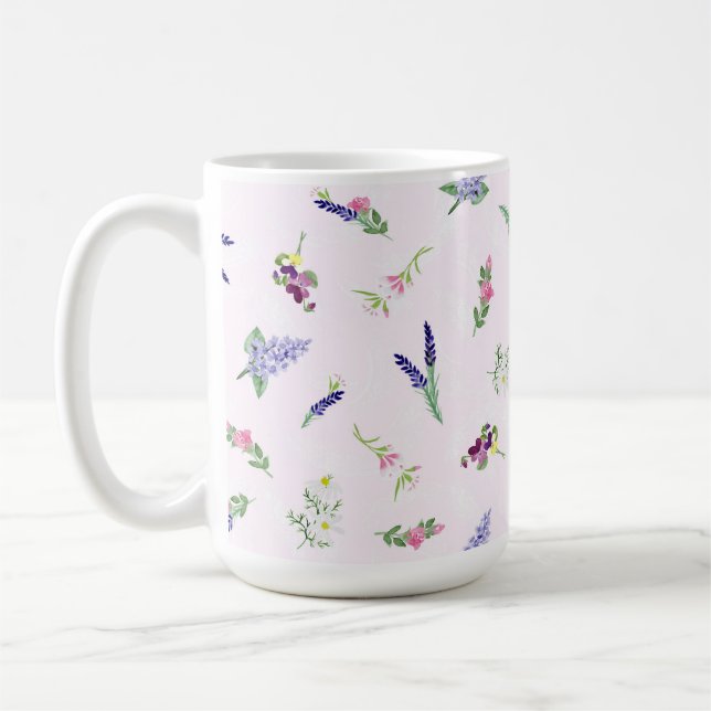 Watercolor Flowers on Pale Pink Lacy Texture Coffee Mug (Left)