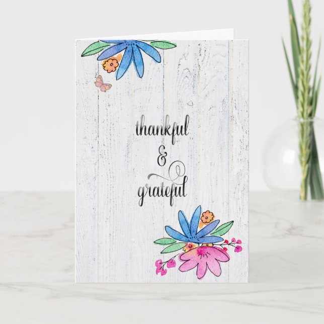 watercolor flowers on wood thank you card (Front)
