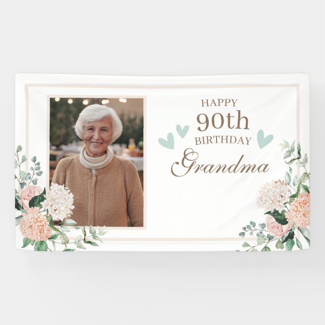Watercolor Flowers One Photo 90th Birthday Banner (Horizontal)