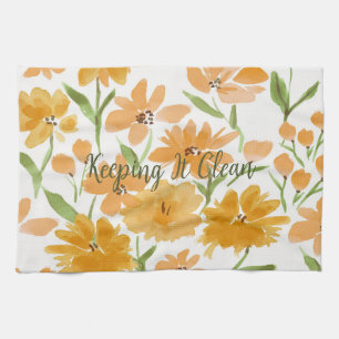 Watercolor Flowers Orange "Keeping It Clean" Tea Towel