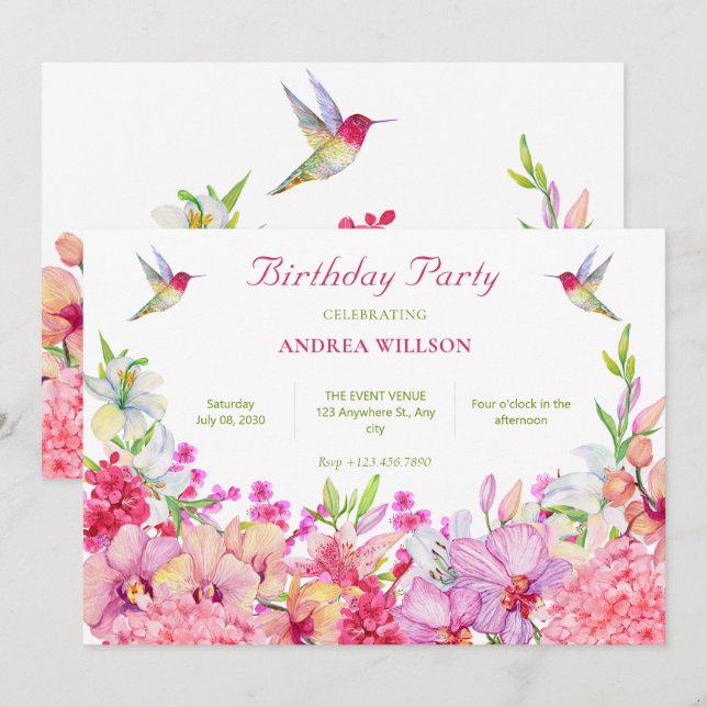 Watercolor Flowers Orchids Bird garden birthday Invitation (Front/Back)