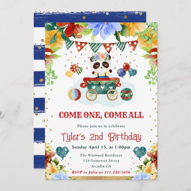 Watercolor Flowers Panda Kids Birthday Invitation (Front/Back)