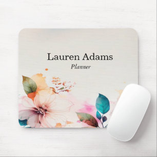 Watercolor flowers pastel colours custom name mouse mat