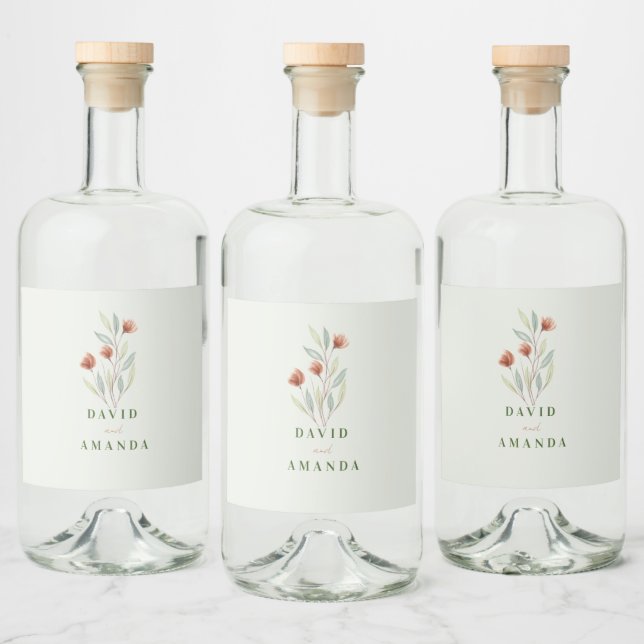 Watercolor Flowers Pastel Green Liquor Bottle Label (Bottles)
