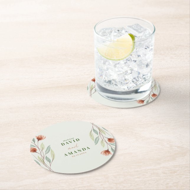 Watercolor Flowers Pastel Green Round Paper Coaster (Insitu)