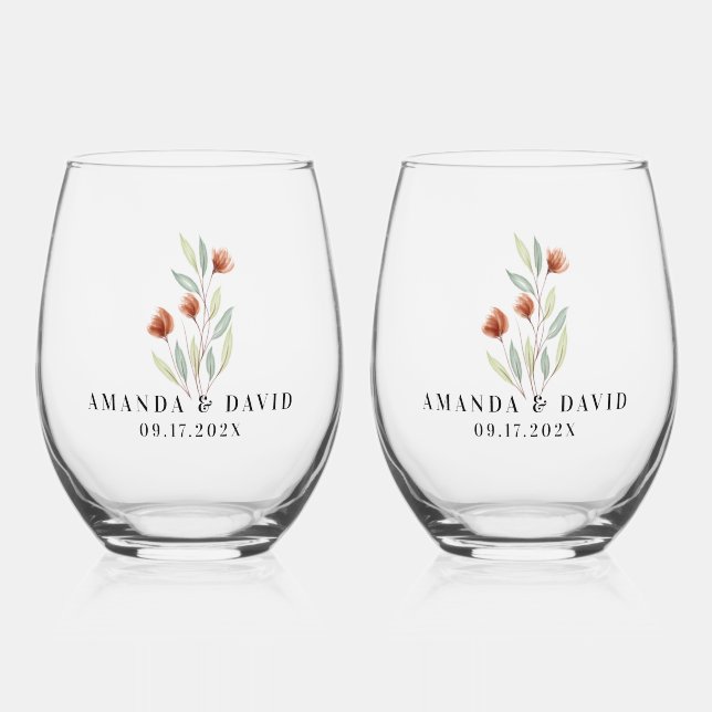 Watercolor Flowers Pastel Green Stemless Wine Glass (Front)