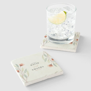 Watercolor Flowers Pastel Green Stone Coaster