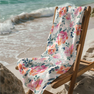 Watercolor Flowers Pattern Elegant Floral Beach Towel