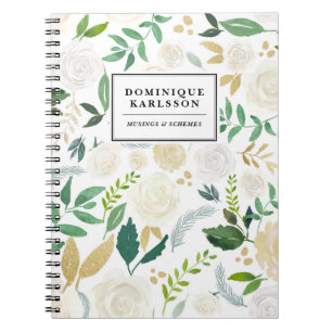 Watercolor Flowers Pattern with Faux Gold Glitter Notebook