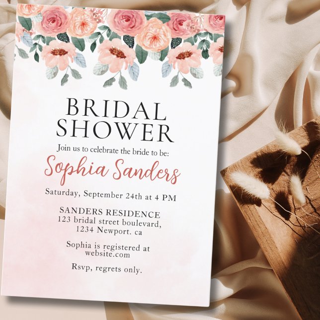 Watercolor Flowers Peach Color Boho Bridal Shower Invitation (Creator Uploaded)