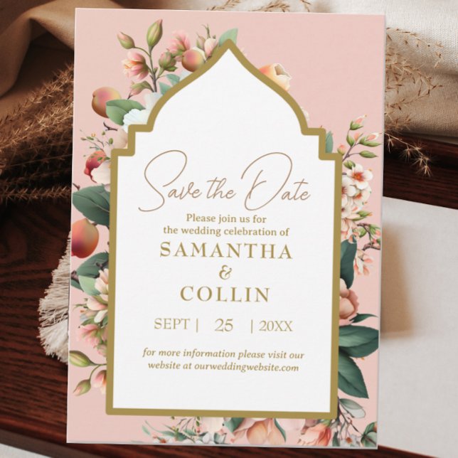 Watercolor Flowers Peach Fruit Gold Save the Date Invitation (Creator Uploaded)