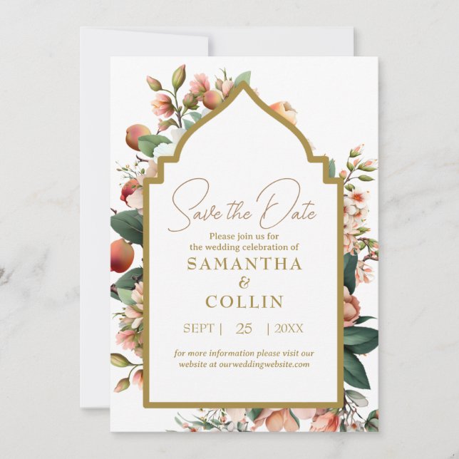 Watercolor Flowers Peach Fruit Save the Date Invitation (Front)