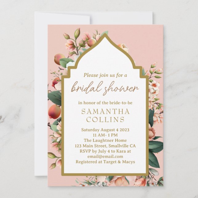 Watercolor Flowers Peach Gold Bridal Shower Invitation (Front)