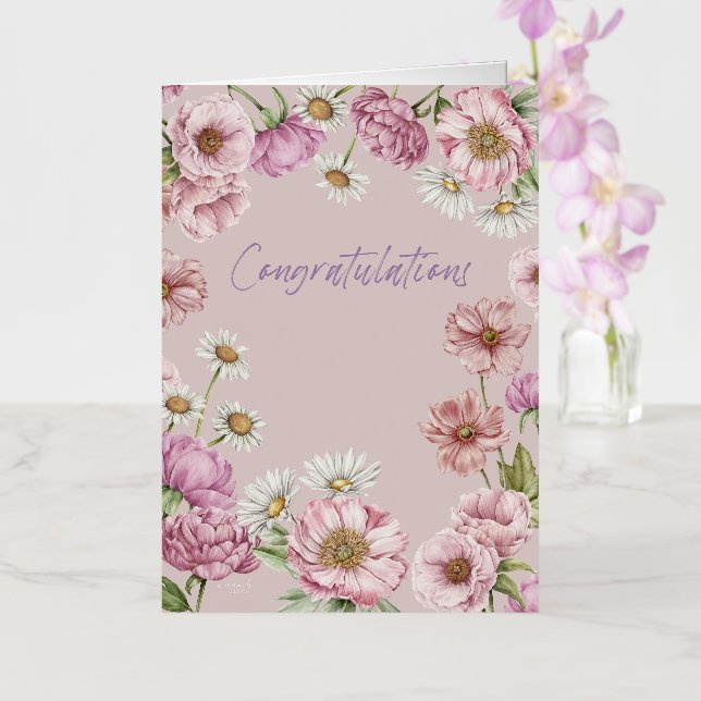 Watercolor Flowers, Peonies, Anemones, Daisies Foil Greeting Card (Orchid)